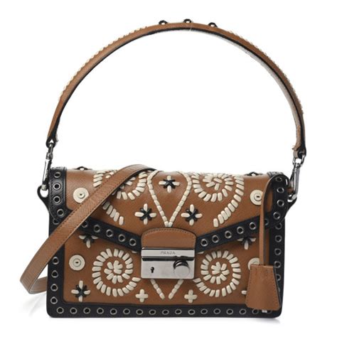 prada saffiano embroidered pattina sound shoulder bag caramel|PRADA Saffiano Embroidered Pattina Sound Shoulder Bag .